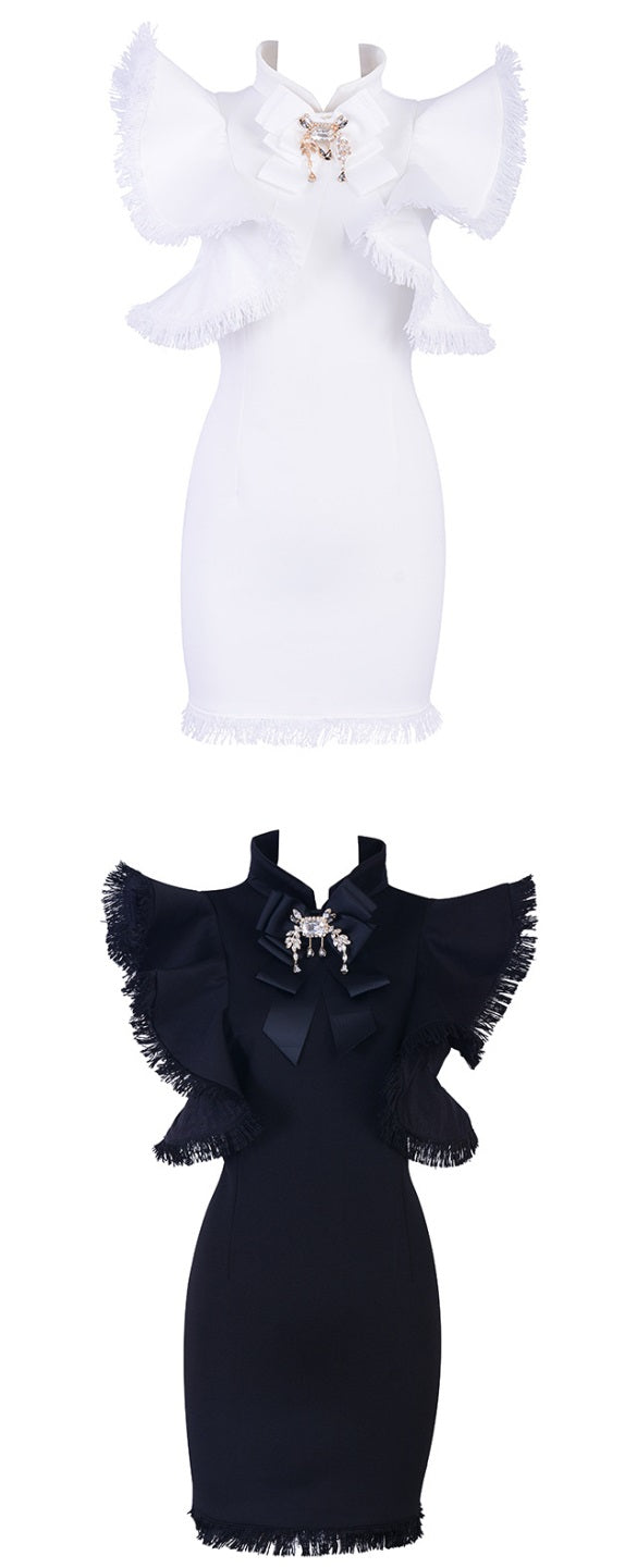 DOLLY Elegant White/Black Stand Collar Short Sleeve Slim Fit Short Fringe Dress-FRIYA