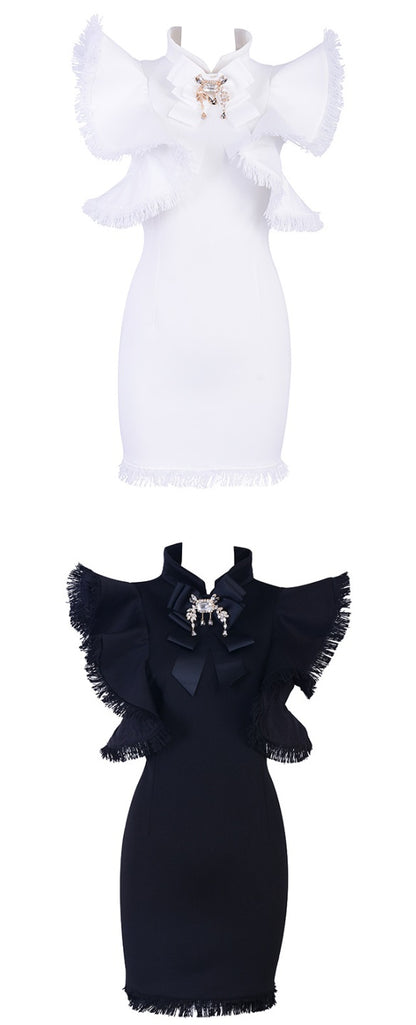 DOLLY Elegant White/Black Stand Collar Short Sleeve Slim Fit Short Fringe Dress-FRIYA