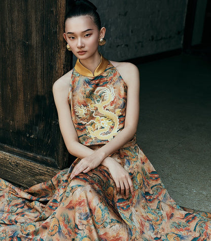 HECO Chinese Retro Mural Golden Dragon Embroidered Vest Top - ERIKA.