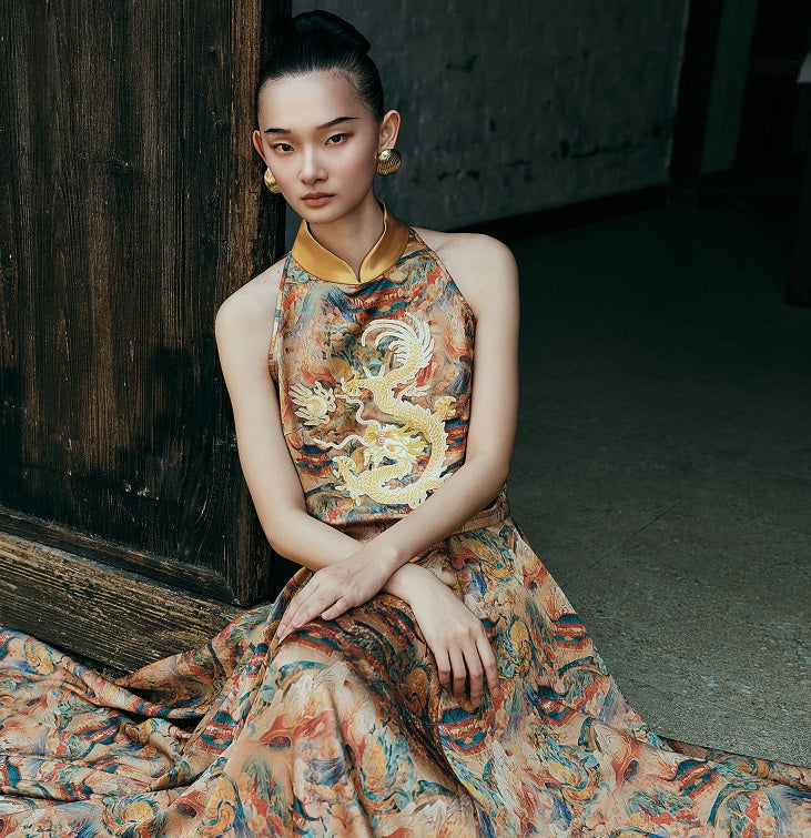 HECO Chinese Retro Mural Golden Dragon Embroidered Vest Top - ERIKA.