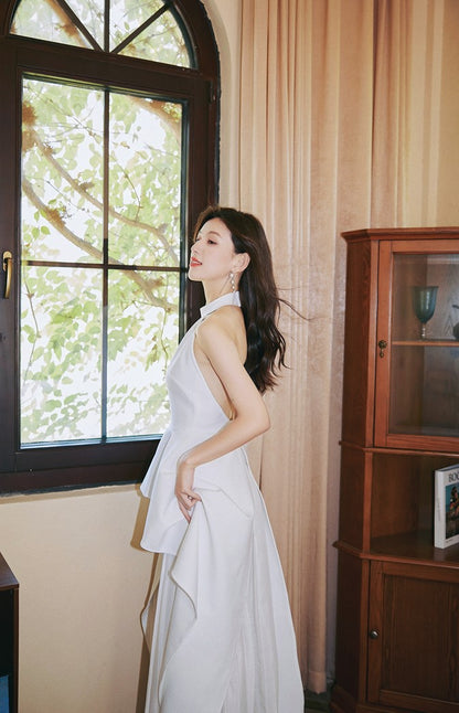 DOLLY High End White/Black Sleeveless Ruffled Halter Neck Top+ Pleated Skirt-SOLANGE