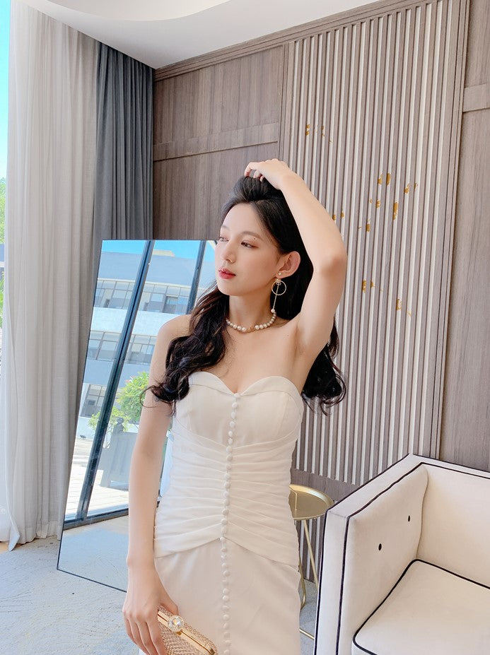 DOLLY Elegant Retro Style Sleeveless Off Shoulder Chest Wrap Long Fish Tail Dress-POW