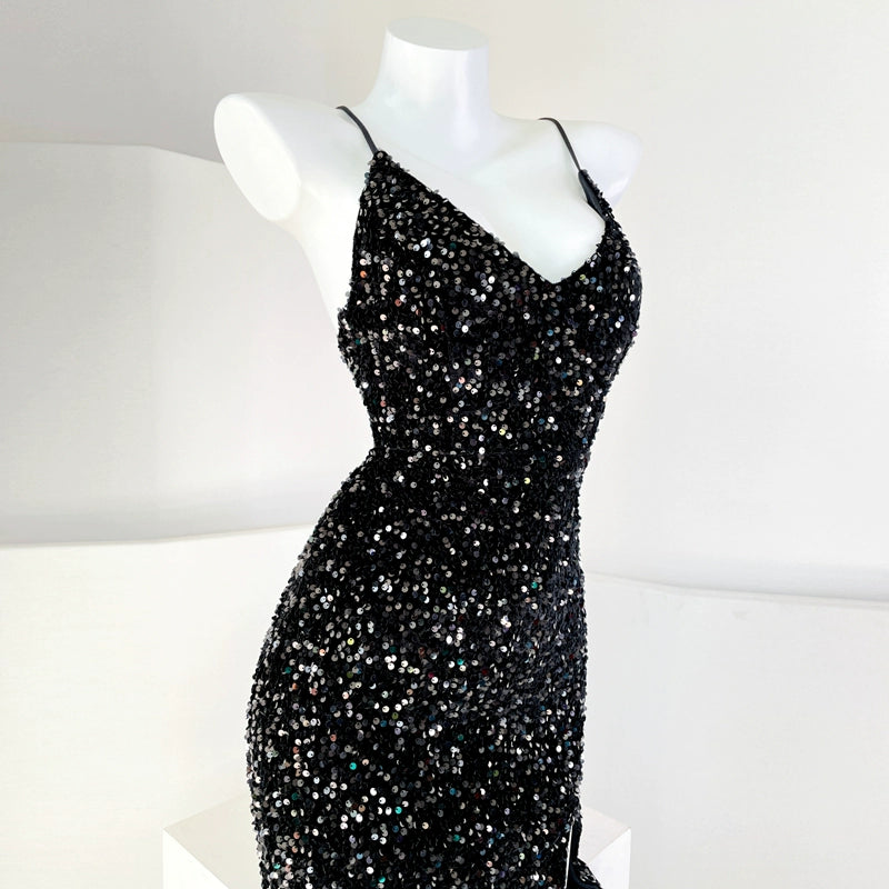 DOLLY Luxury Blue Deep V-Neck Sleeveless Long Fish Tail Sequin Cocktail Dress-AROURA