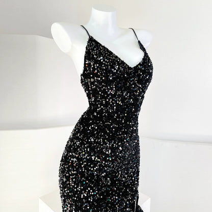 DOLLY Luxury Blue Deep V-Neck Sleeveless Long Fish Tail Sequin Cocktail Dress-AROURA