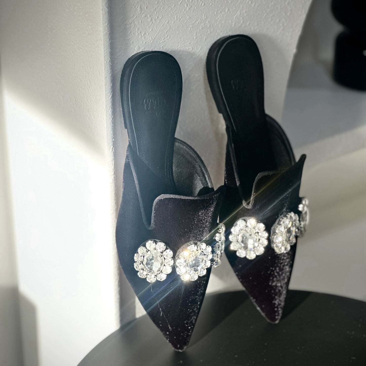 B-FEI custom pointed rhinestone flat mules.