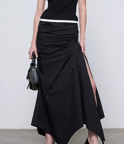 ANNAKIK Black deconstructed two irregular pleated long skirts-HIDEMI