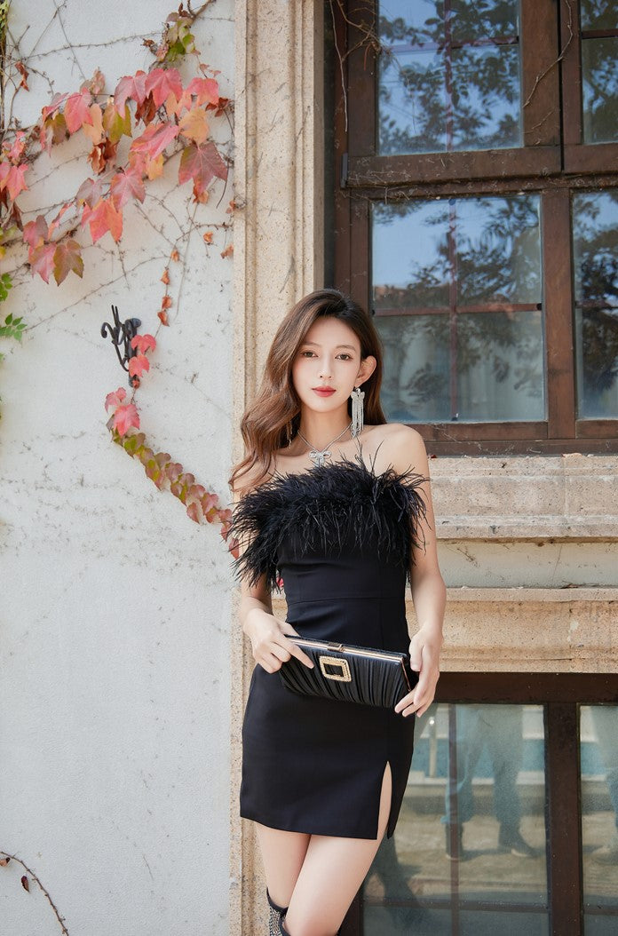 DOLLY Luxury Black/White Off Shoulder Fluffy Feather Short Slit Date Dress-JEMMA