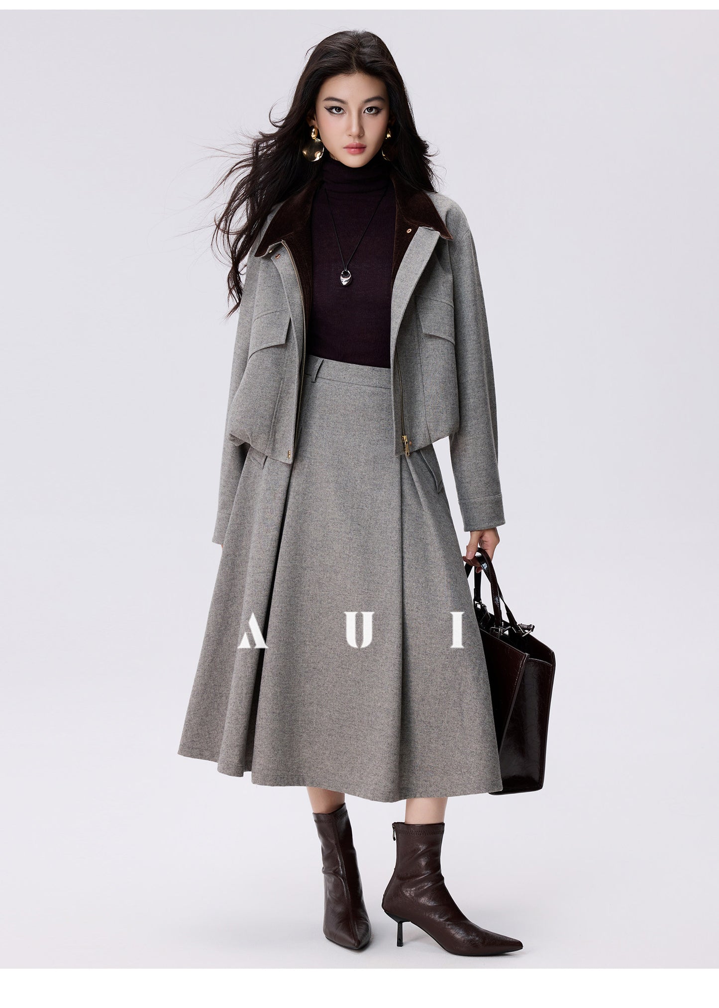 AUI Wrinkled High-Waisted Umbrella Temperament Mid-Length Skirt - PRIDE