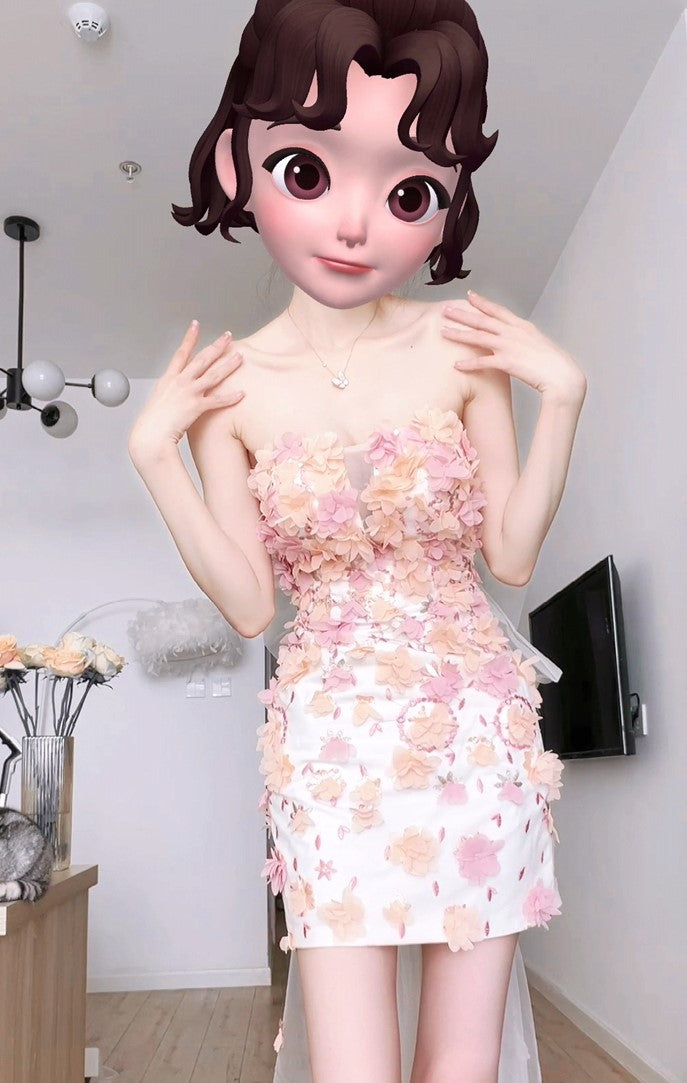 DOLLY Luxury French Style Chest Wrap Flower Sleeveless Backless Short Dress-PALMA