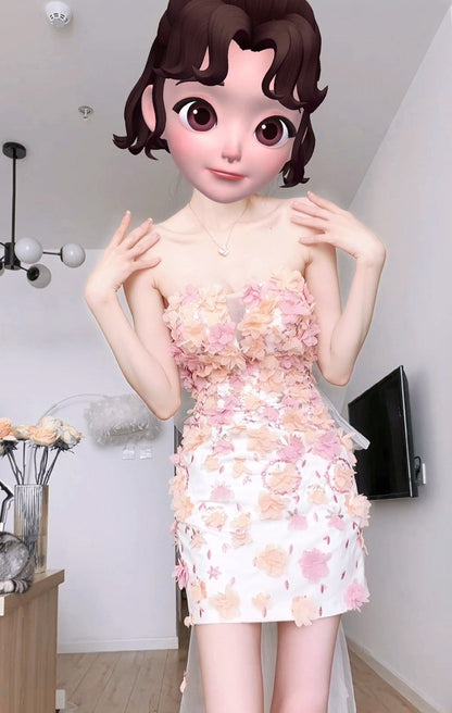 DOLLY Luxury French Style Chest Wrap Flower Sleeveless Backless Short Dress-PALMA