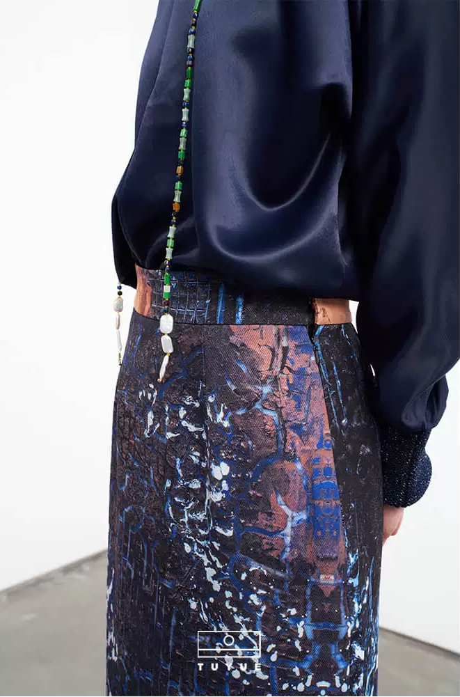 TUYUE blue acetate-trimmed satin long-sleeved top- CAROLINE