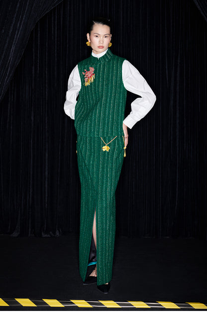 M essential Mackay designer rose beads placket green vest pencil skirt - Biba.