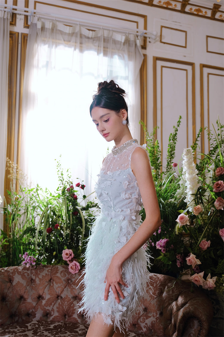 Wardrobes by Chen Elegant Blue Sleeveless Flower Feather Dress - Moji