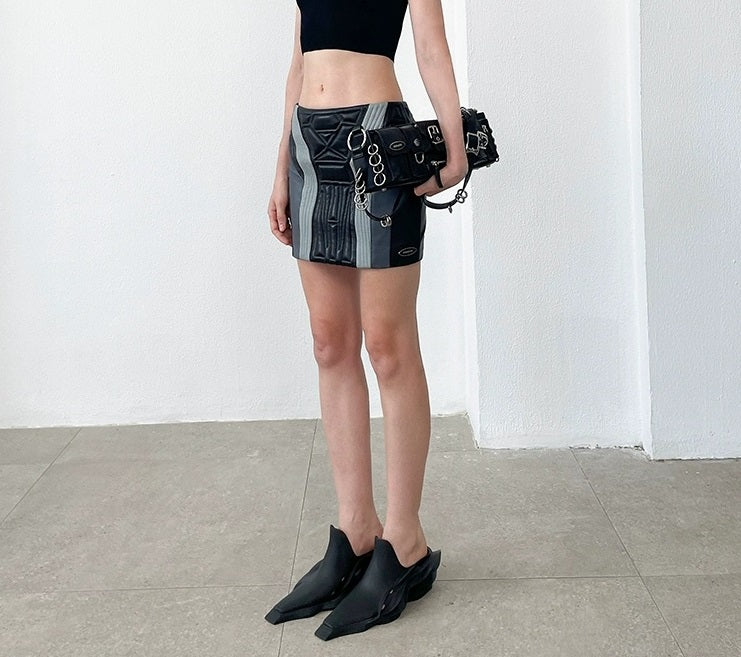 ANNAKIKI Women's Leather Three-dimensional Functional Stitching Skirt-CHIE
