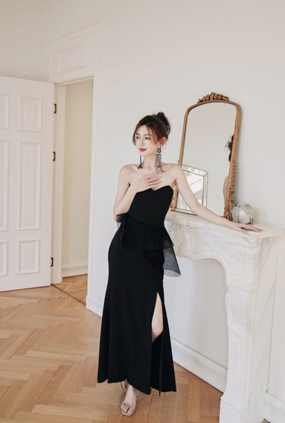 DOLLY Luxury Black Retro Chest Wrap Sleeveless Off Shoulder Long Dinner Dress-ALVINA