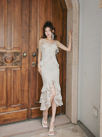 DOLLY Elegant French Style Cream Ruffled Lace Fake Two Piece Midi Dinner Dress-KAKA