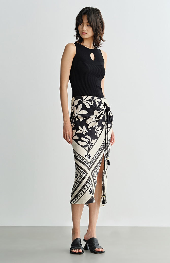 COMME MOI  black and white printed slit hip skirt - JENIFER.