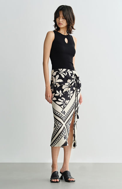 COMME MOI  black and white printed slit hip skirt - JENIFER.