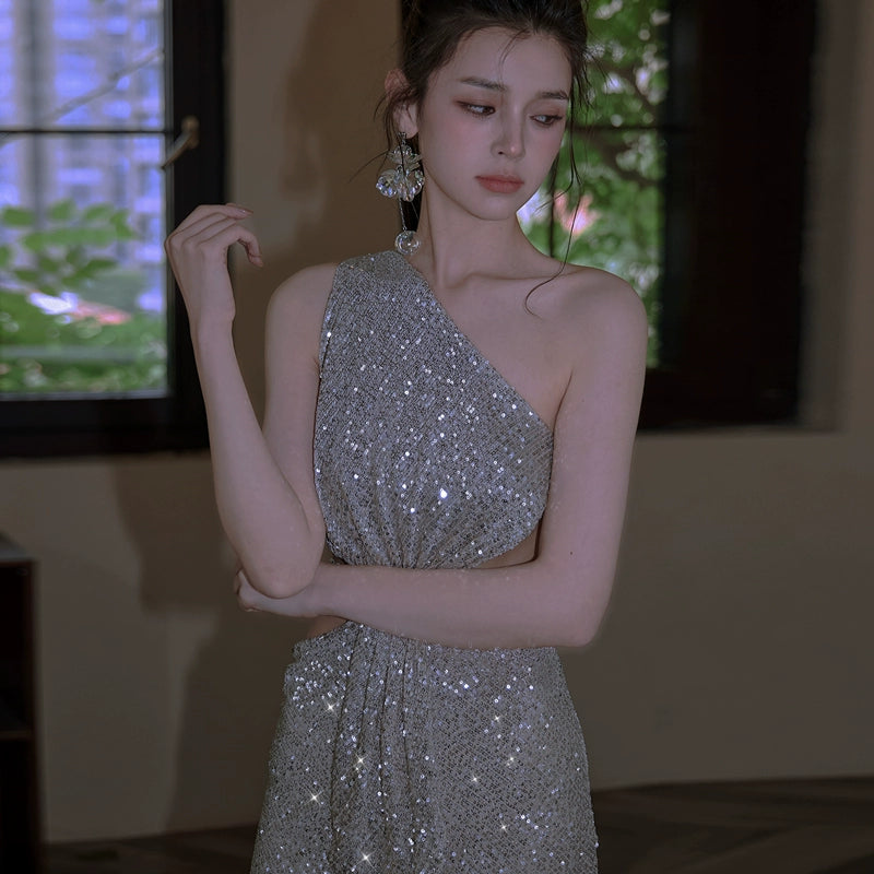 DOLLY Elegant Sliver One Shoulder Sleeveless Sparkling Slim Fit Sexy Dinner Dress-ALETA