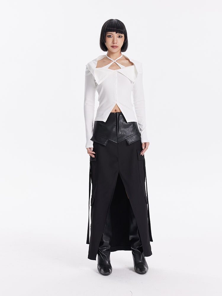 TINY IN crossover off-the-shoulder large lapel knitted long sleeve cut-out top-YOMI