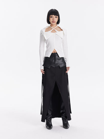 TINY IN crossover off-the-shoulder large lapel knitted long sleeve cut-out top-YOMI