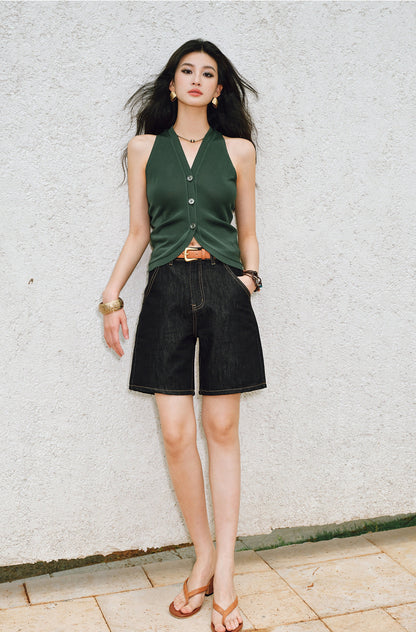 WANGXO |Vertical-Cut Acetate Double-Sided Threaded Halterneck Knitted Top -VELA