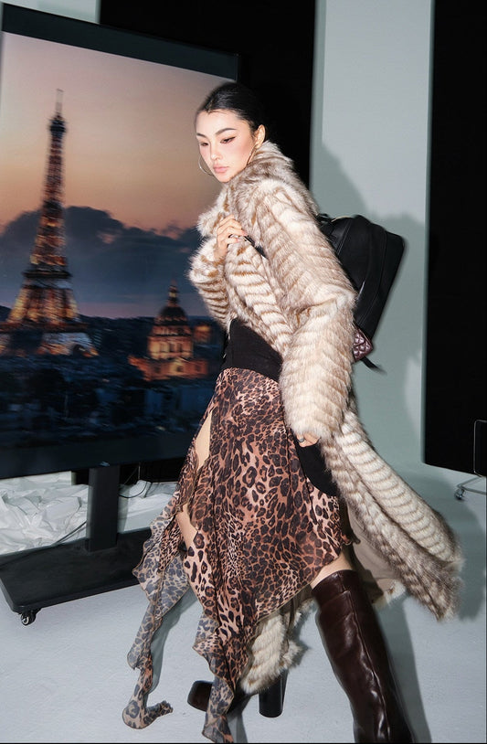 MEI SANGUAN gray coffee color fur long coat jacket - SADIE