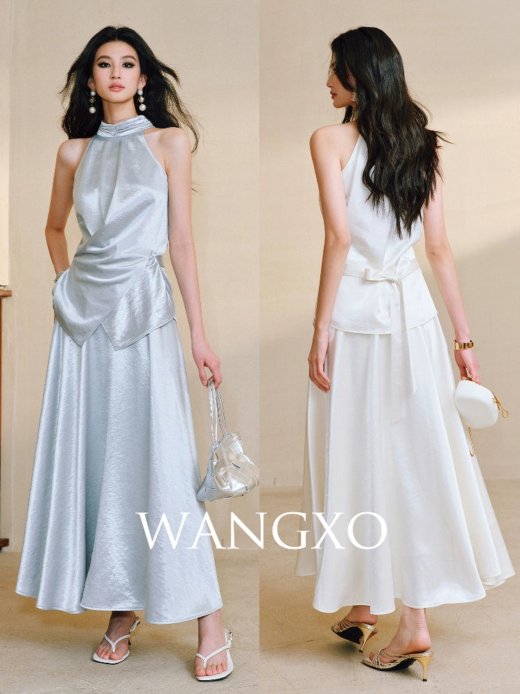 WANGXO | Pearl Lustrous Luxury Gilt Satin  Halterneck Folded Waist Top & High-Waisted Umbrella Skirt Set - ARIA