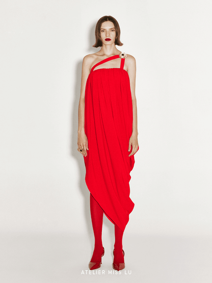 ATELIER MISS LU Sling Strapping Draped Irregular Dress - ALEX
