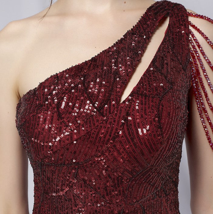 DOLLY Elegant Slant Collar Sleeveless Splice Sequin Slim Fit Dinner Guest Dress-NANA