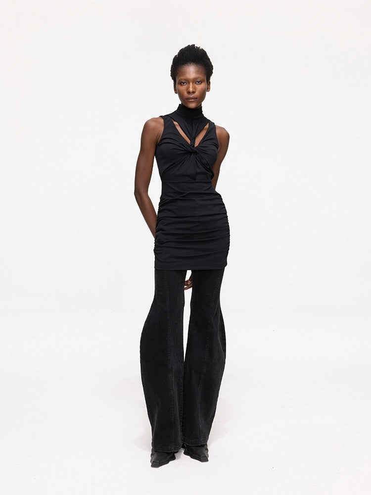 ANNAKIKI niche black kink pleated cut-out sexy dress-GENKO