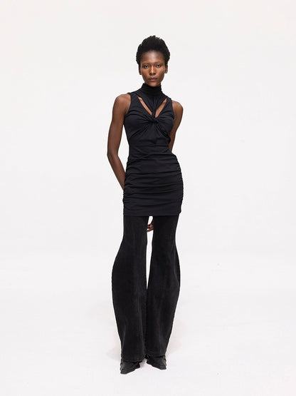 ANNAKIKI niche black kink pleated cut-out sexy dress-GENKO