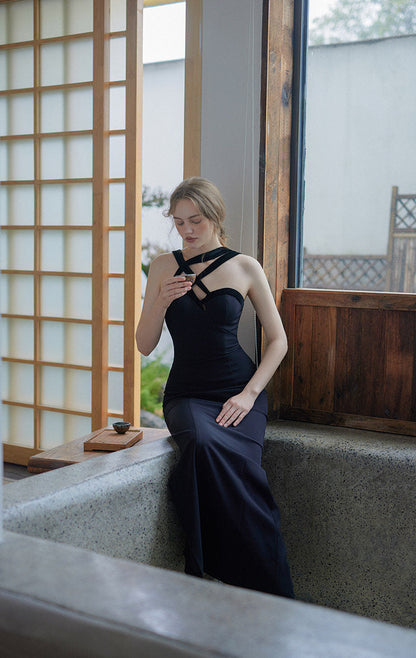 GOUDIN black long suspender light luxury dress-KASIA.
