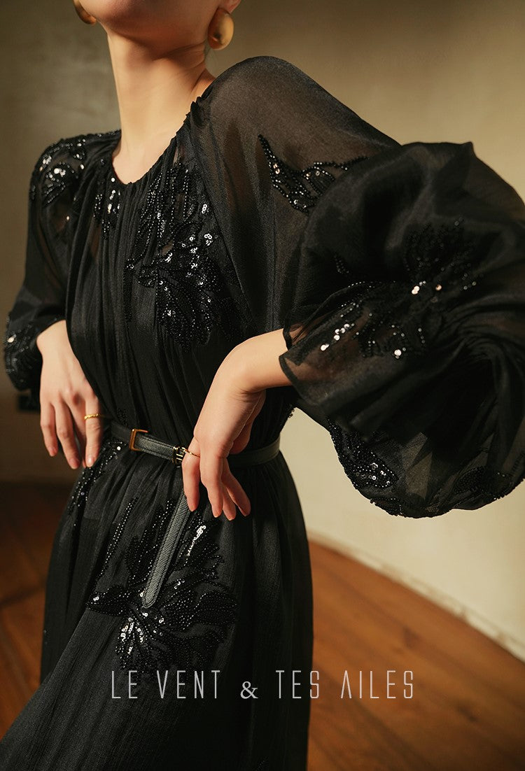 LE VENT&TES AILES Luxury Elegant High-End Hand-Beaded 3d black Dress - VERA