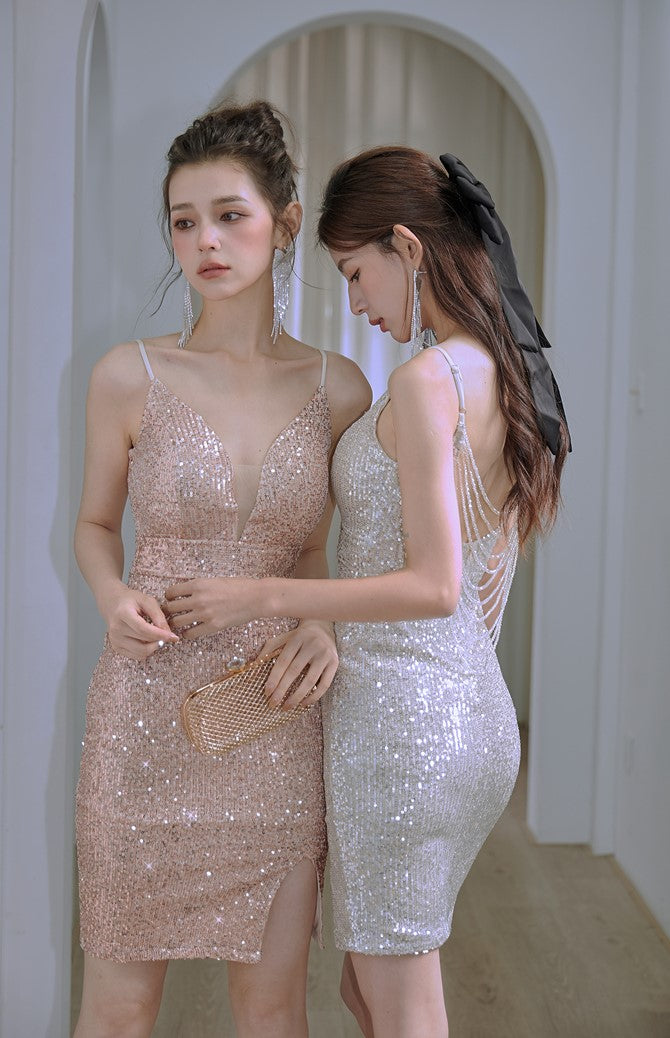 DOLLY Elegant Deep V-Neck Sleeveless Sequin Long Slim Fit Evening Dress-IVONNE