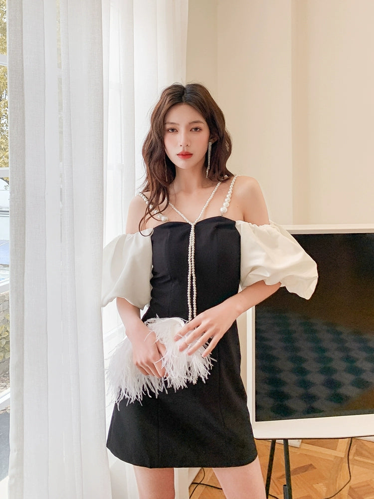 DOLLY Luxury Off Shoulder White Puff Sleeves Black A-Line Dinner Dress-MERCIA