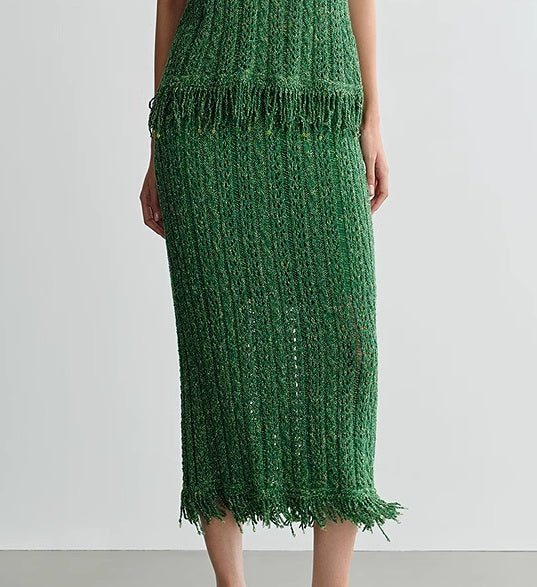 COMME MOI Lv Yan designer spring new women's beaded tassel cut-out knitted skirt - DAISY.