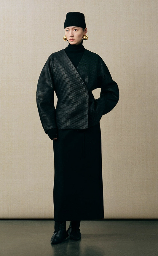 ZHUCHONGYUN  H-shaped black drawstring waist straight back slit skirt-HUGH.