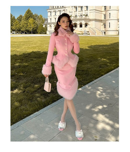 Le Palais Vintage Elegant long sleeve pink fur collar two piece banquet suit- Fave