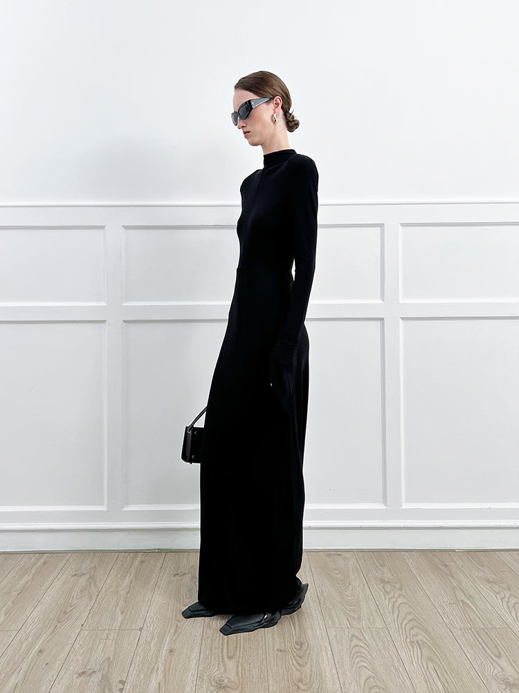 ANNAKIKI high-end acetate black shoulder slim long sleeve dress-CAROLE