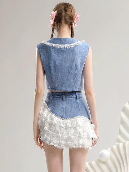 CHECOCRE Stubble Sweet Casual New Sleeveless Denim Set - SHIVA