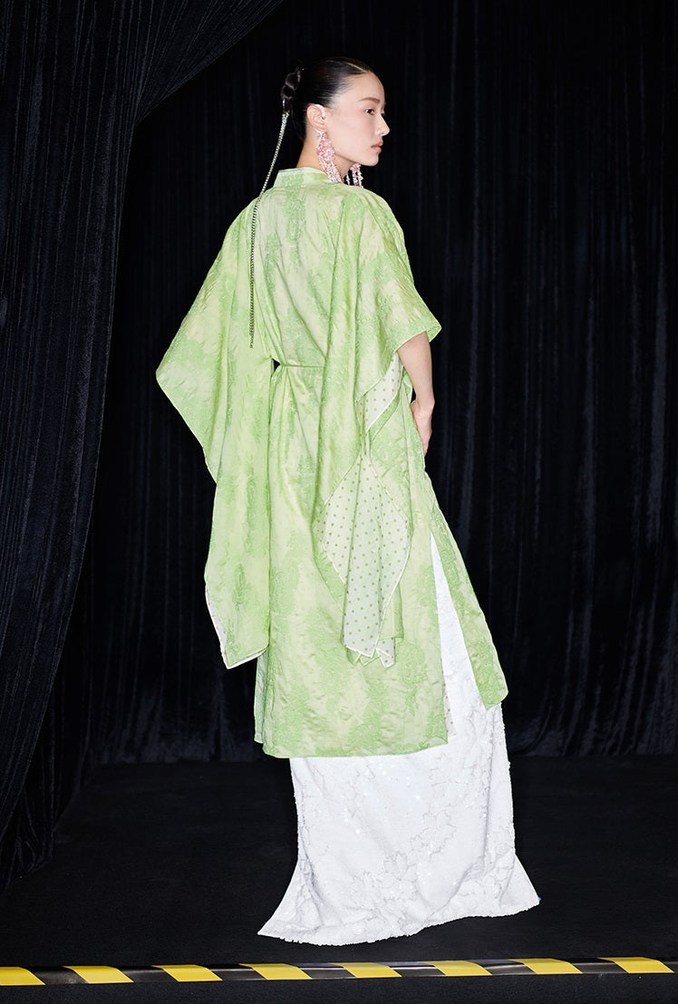 M essential Mackay designer green embroidered fabric magnolia beaded cardigan robe - RUTH.