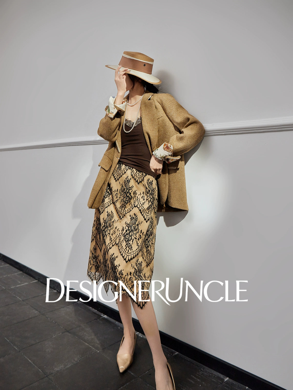 DGU| Coffee Suit Single-Breasted V-Neck Knitted Cardigan Woven Hip Skirt Set - MAKER.