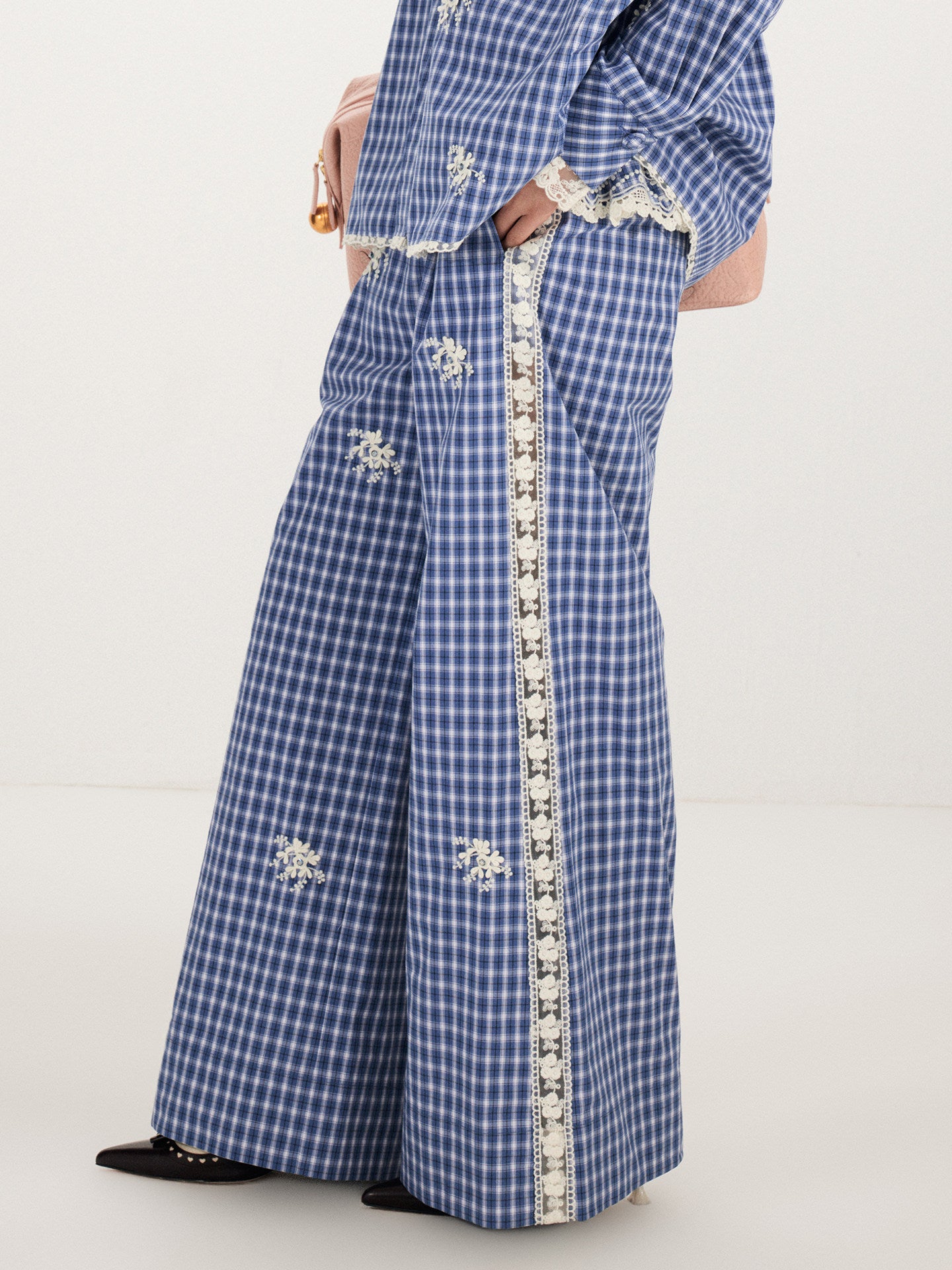 FAME plaid beaded cut-out patchwork trousers straight slacks - TREVOR