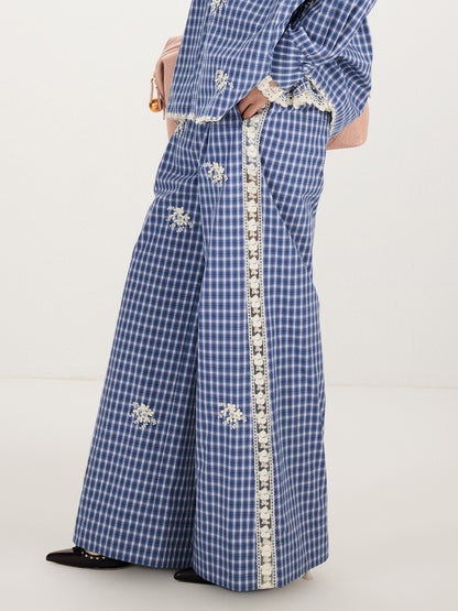 FAME plaid beaded cut-out patchwork trousers straight slacks - TREVOR