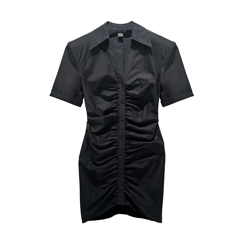 ANNAKIK Black and white pleated waist V-neck dress-FANSIA