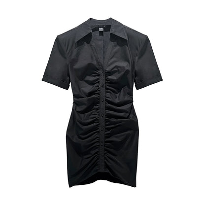 ANNAKIK Black and white pleated waist V-neck dress-FANSIA