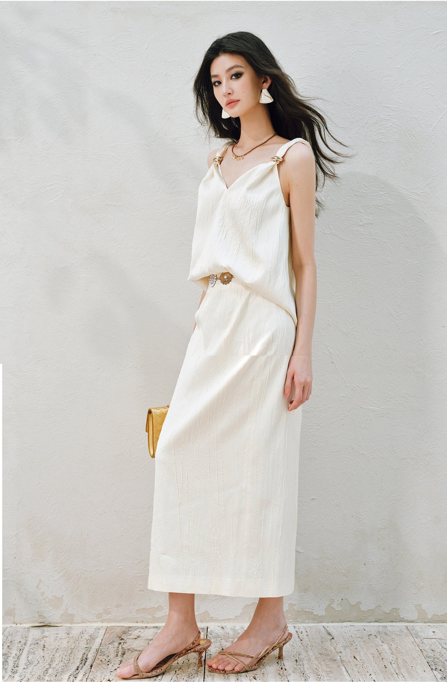 WANGXO | Lazy Precious Metal Shoulder Loop Loose Top & Straight Skirt Set with Sculpted Grace- VERA