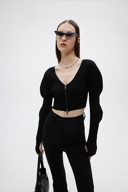 ANNAKIKI 3D Wave Sleeve L-Neck Knit top -KITAGAWA.