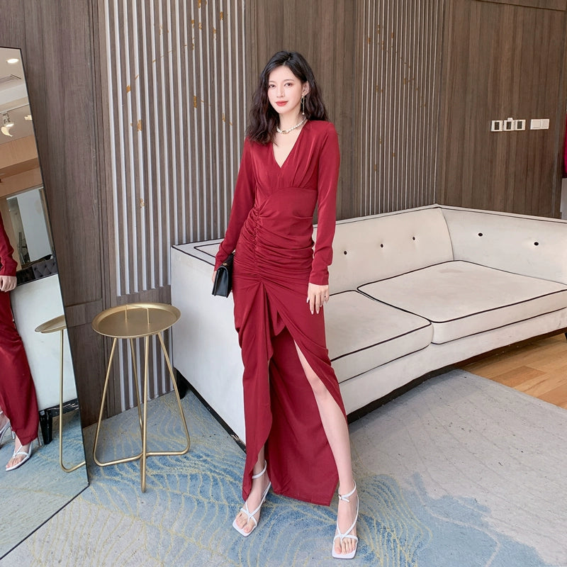 DOLLY Retro Style V-Neck Long Sleeve Pleated Waist Long Slit Dinner Dress-NEYO